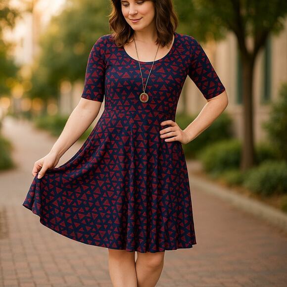 LuLaRoe Womens Dress Size XXS Nicole Fit & Flare Navy Red‎ Blue Lime Triangles - Picture 3 of 7